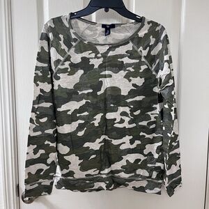 Gap Factory Green Glitter Camo Long Sleeve Tee Shirt Top Women's Size M NWT